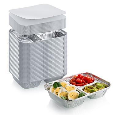 Imagem de Bandeja de alumínio descartável para jantar com tampas de papel (pacote com 25) – 3 compartimentos de papel alumínio – Perfeita para almoços em movimento, sobras, placa de TV ou Takeout – Bandeja de alimentos conveniente para companhias aéreas