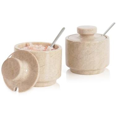 Imagem de MARBLOUS KRAFTS Saleiro de mármore 7,6 cm Verona Stone Salt Container para presentes de Natal, conjunto ideal de 2 recipientes de armazenamento de café, bancada de cozinha, potes de doces com tampas e