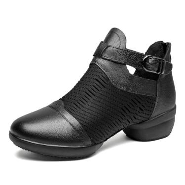 Imagem de ZHENSI Botas femininas de jazz, sola dividida, tênis de dança com alça de couro com zíper nas costas, sapatos de dança latina moderna, Preto, 38