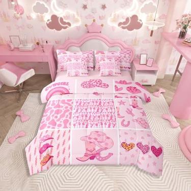 Imagem de Feelyou Conjunto de edredom casal com 7 peças de botas de vaqueira do oeste selvagem, decoração de faroeste, rosa e ferraduras, conjunto de cama de patchwork com edredom, conjunto de lençóis, fronhas