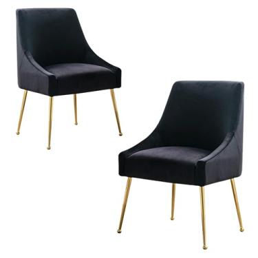 Imagem de HOLILA Conjunto de 2 cadeiras de jantar modernas de veludo, coleção contemporânea de móveis estofados com pernas de metal dourado polido, cadeiras elegantes para cozinha, sala de estar (preto)