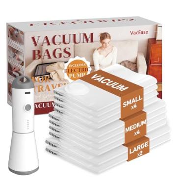Imagem de Vacbird Sacos de armazenamento a vácuo para viagem, pacote com 10 sacos a vácuo com bomba de ar recarregável sem fio (2 grandes + 4 médias + 4 pequenas), embalagem de compressão para roupas, cobertor