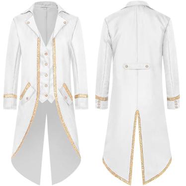 Imagem de SEAUR Sobretudo masculino medieval steampunk casaco longo acabamento dourado gótico vitoriano vintage fantasia de Halloween, Branco, G