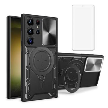 Imagem de Asuwish Capa de celular para Samsung Galaxy S23 Ultra 5G Capa magnética para câmera deslizante com protetor de tela de vidro temperado e suporte de anel, acessórios para celular S23Ultra 23S S 23