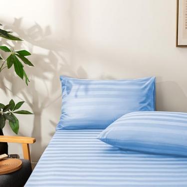 Imagem de NookZuzu Jogo de lençol e fronha de algodão, lençol com elástico listrado azul, lençol com elástico profundo de algodão orgânico, jogo de cama de 3 peças, sem lençol de cima incluído, macio e