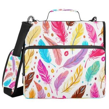 Imagem de STAYTOP Linda pasta de zíper escolar Feathers com alça de ombro, anéis de vedação de 3,8 cm, capacidade para 600 folhas, pasta de arquivos expansível, vários bolsos e organizador de armazenamento