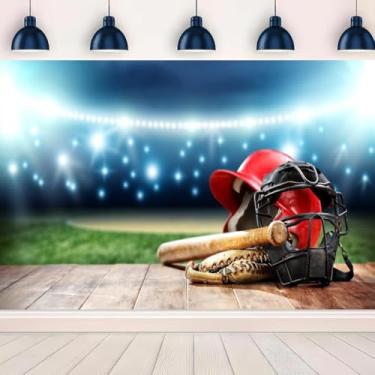 Imagem de YongFoto Pano de fundo de beisebol de 2,7 x 1,8 m, boné vermelho com luzes brilhantes, fundo de fotografia para crianças, tema esportivo, festa de aniversário, competição, jogos, decoração, sessão de