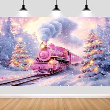 Imagem de Pano de fundo de trem de Natal para inverno, 1,8 m x 1,5 m, trem a vapor rosa, cenário de neve, cenário de neve, fotografia de fundo do país das maravilhas e floco de neve, faixa de fotos, decoração