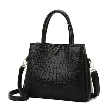 Imagem de Bolsa de mão feminina clássica de couro com estampa de crocodilo bolsa de ombro de grande capacidade, Preto, Large
