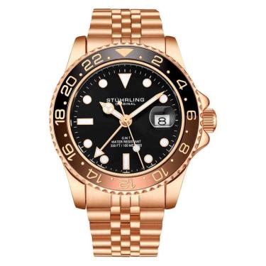 Imagem de Relgio Meridian 3968 GMT 42mm com mostrador preto, pulseira de ao inoxidvel rosa e fivela de implantao Stuhrling.