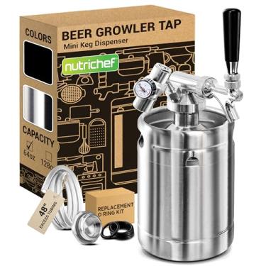 Imagem de NutriChef Sistema de torneira de Growler pressurizado, 1,8 l de aço inoxidável, mini dispensador de barril, kit portátil Kegerator, regulador de pressão de CO2 mantém a carbonatação para cerveja artesanal, rascunho e bebida caseira