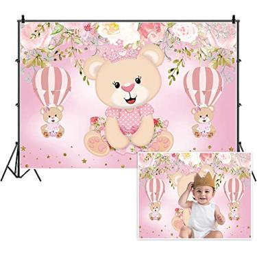 Imagem de Yeele Pano de fundo de urso de bebê de desenho animado de 3 x 2 m, flores rosa e brancas, balão de ar quente, fundo fotográfico para meninas, chá de bebê, princesa, festa de aniversário, faixa