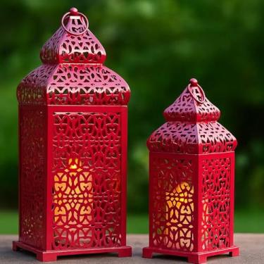 Imagem de Vela Lanterns Lanternas Grandes Marroquinas Para Templo, Porta-Velas Decorativos Decoração De Ramadã, Penduradas, Pátio Ou Varanda Externa, Interiores, Vermelha, Conjunto 2