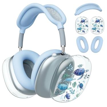 Imagem de BlHMCASE Capa de fone de ouvido para AirPods Max, capa transparente para fones de ouvido de tartaruga marinha, capa de silicone azul para Apple AirPods Max