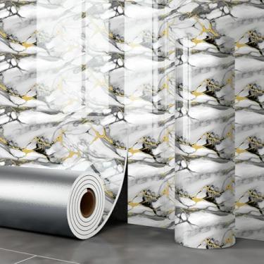 Imagem de ESSMOKO Papel de parede dourado imitação de azulejo de mármore efeito de mármore autoadesivo papel de parede impermeável para paredes de cozinha e banheiro cinza dourado 40 * 300 cm