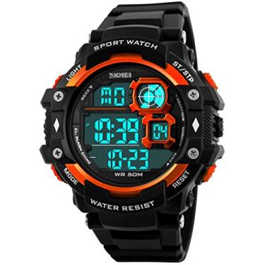 Imagem de FANMIS Relógio esportivo masculino digital multifuncional, tático, militar, cronômetro, estudante, externo, eletrônico, à prova d'água, quadrado, com luz traseira de LED, Laranja, Digital