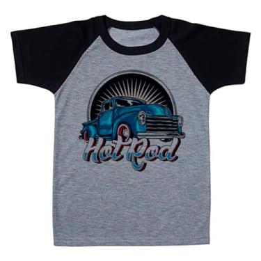 Imagem de Camiseta Raglan Infantil Cinza Carro Hot Rod Azul Retro Vintage (BR, Numérico, 8, Regular, Polialgodão)