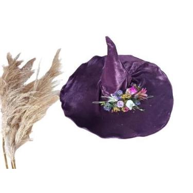 Imagem de Chapéu bruxa veludo na cor roxa luxuoso com flores - Princesa Urbana