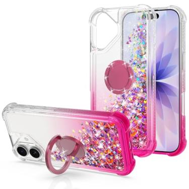 Imagem de WORLDMOM Capa para iPhone 17, capa protetora de TPU (poliuretano termoplástico) brilhante flutuante líquido flutuante com glitter colorido e suporte de anel giratório [6,3 polegadas 2025], ouro rosa