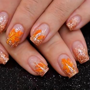 Imagem de 24 unhas, pregos falsos, quadrados, curtos, com glitter, folha de bordo, cola nas unhas, ponta francesa, acrílico, unhas postiças, reutilizáveis, para outono