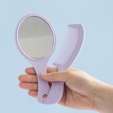 Imagem de Generic Espelho de mão elíptico roxo com pente de cabelo, 18 cm C x 8 cm L, portátil, compacto, acabamento liso, sem moldura, 2 peças