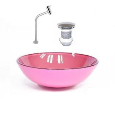 Imagem de Kit Cuba Vidro Redonda 31cm Torneira e Válvula Rosa