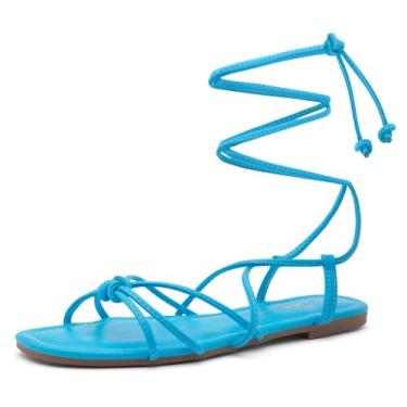 Imagem de Shoe Land Sandália feminina Flashh com cadarço quadrada aberta com tiras cruzadas de verão, 2022 azul, 11