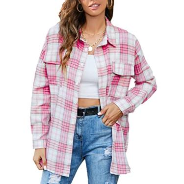 Imagem de Zontroldy Blusa feminina xadrez de flanela superdimensionada leve xadrez búfalo com botões, 02 Rosa, XXG
