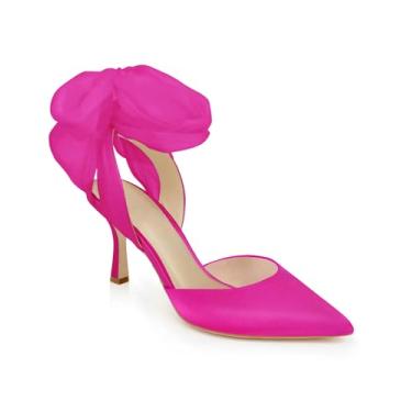 Imagem de Sandálias femininas de salto alto com cadarço e laço de cetim sandálias de bico fechado para noiva salto agulha alto D'Orsay sapatos sociais bonitos, Vermelho rosa, 6.5