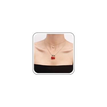 Imagem de Erimberate Colar boêmio com pingente de coração e cerejeira em camadas com pingente de coração de ouro e corrente de cereja de cristal vermelho colar retrô de cereja joias para presentes femininos,