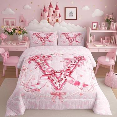 Imagem de Erosebridal Conjunto de cama com laço Coquette, solteiro, rosa, floral, moderno, fofo, com laço, letra V, laço estético, presentes para meninas, para namorada/mãe/irmã (V)
