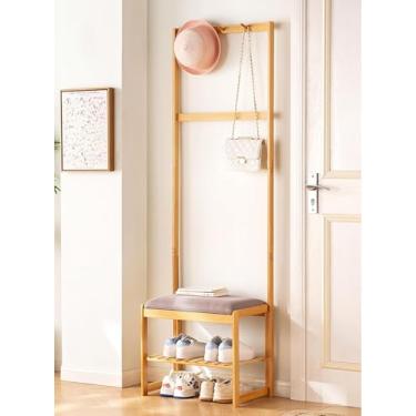 Imagem de Cabideiro Banco De Sapatos Cabide Hall Árvore Com Sapato Banco De Armazenamento 3 Em 1 Com Ganchos Banco De Entrada De Bambu Com Armazenamento Para Pendurar Jaqueta Fá, Primary Color, 69cm/27.2in long