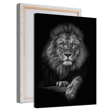 Imagem de Arte de parede em tela de leão preto e branco - Pintura de cabeça de retratos de estampas de animais selvagens - Decoração de arte de pôsteres de animais selvagens, moldura de 40 x 61 cm