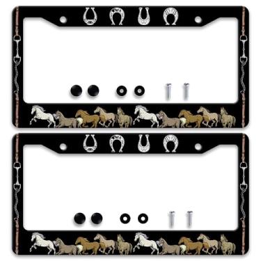 Imagem de 2 peças de moldura de placa de carro de cavalo ferradura suporte de placa de carro personalizado design engraçado de aço inoxidável compatível com molduras de placa de licença padrão para EUA e Canadá