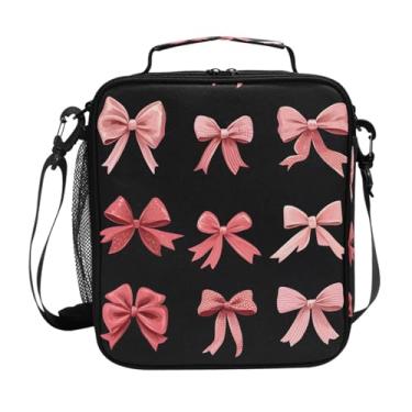 Imagem de Lancheira com laço vermelho rosa preta isolada lancheira infantil bolsa térmica com alça de ombro congelável lancheira para meninas escola piquenique