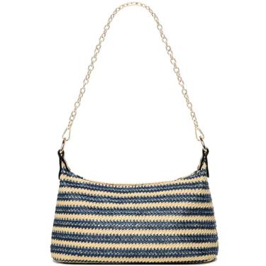 Imagem de CROJUYI Bolsa de ombro de palha feminina macia pequena bolsa de ombro de tecido, bolsa de praia de palha para o verão, Z azul/bege, Small