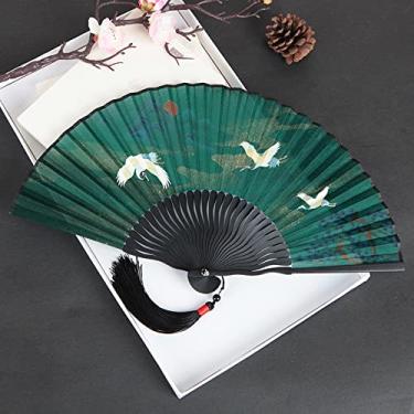 Imagem de HSYHKDSY Ventilador dobrável, ventilador dobrável de mão feminino, vintage, estilo chinês, guindaste voador verde, montanha, floresta, tecido parecido com seda, ventiladores portáteis de ossos de