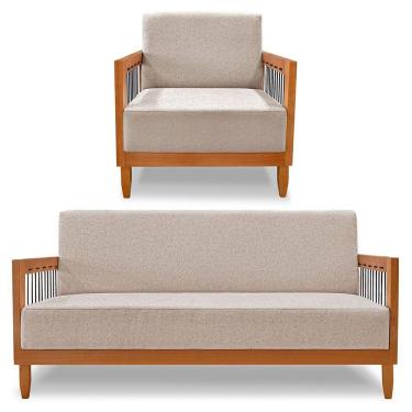 Imagem de Kit Poltrona E Sofá Living 2 Lugares Marilia 1,60m Linho Base Em Madeira Castanho - Pallazio Cor Areia