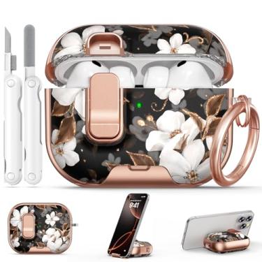 Imagem de Polislime Capa para AirPod Pro 3 2025, com trava de segurança e suporte de telefone para AirPod Pro 3 gerações, capa feminina, capas para iPod Pro 3 com chaveiro e kit de limpeza - flor dourada preta