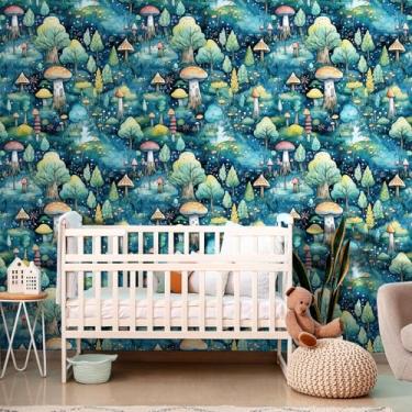Imagem de iPaste Papel de parede de cogumelo de 44,5 cm x 1,209 cm Peel and Stick Dreamy Green Forest para quarto, paredes e bancadas removíveis