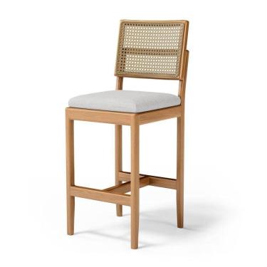 Imagem de Banqueta Milena Madeira Maciça Assento Estofado Encosto De Tela Palha Sextavada Linho Cinza 407