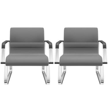 Imagem de Kit 02 Cadeiras De Escritório Recepção Fixa Pés Cromado Lev P03 Vinil Cinza - Lyam Decor
