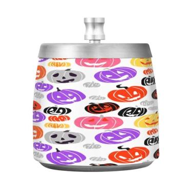 Imagem de Qilmy Cinzeiro de aço inoxidável Halloween Pumpkins com tampa - Cinzeiro de cigarro à prova de vento sem cheiro sem fumaça para casa, escritório, carro, pátio, varanda (uso interno e externo)