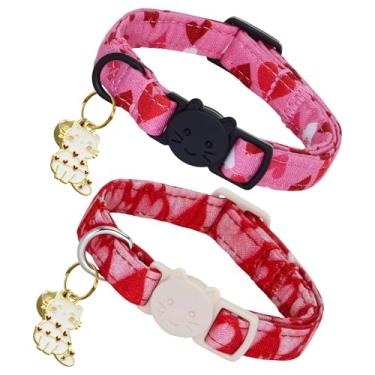 Imagem de Bobo Rainbow Colar de gato dos namorados - Pacote com 2 coleiras vermelhas e rosa com estampa de coração com gatinho e sino, fivela de segurança ajustável, coleira para animais de estimação para gatos