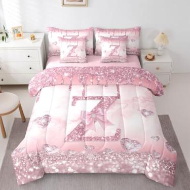 Imagem de Erosebridal Conjunto de edredom solteiro com monograma, alfabeto Z, 7 peças, laço rosa, para crianças, adolescentes, com letra inicial, edredom e lençol com estampa de princesa
