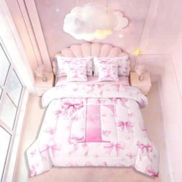 Imagem de Conjunto de cama casal de 7 peças com laço rosa, cama com laço chique romântico em uma bolsa, lindo conjunto de cama com laço com monograma inclui edredom, conjunto de lençol, fronhas e fronhas