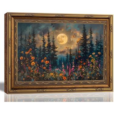 Imagem de Arte de parede vintage com moldura dourada de floresta lua cheia, pintura de pinheiro enluarado, decoração de parede, montanhas e flores silvestres, floresta, natureza, paisagem, pôster, arte para