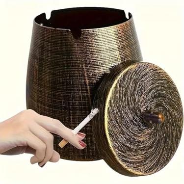 Imagem de Cinzeiro estilo retrô com tampa para cigarro, aço inoxidável, sem fumaça, inodoro, à prova de vento, cinzeiro para mesa de escritório em casa, pátio, varanda ao ar livre
