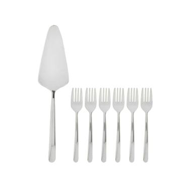 Imagem de Cj 1 Espátula P/Cortar Bolo 24,5cm C/6 Garfos P/Sobremesa 14,5cm em Aço Inox Viena Prat...