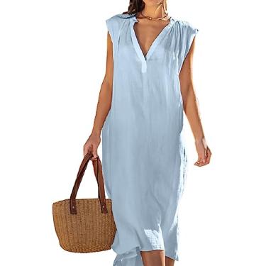 Imagem de Vestido feminino de linho de algodão sem mangas de cor sólida, vestido casual solto com decote em V, vestido longo elegante de algodão com decote em V de cor sólida (Light blue,XX-Large)
